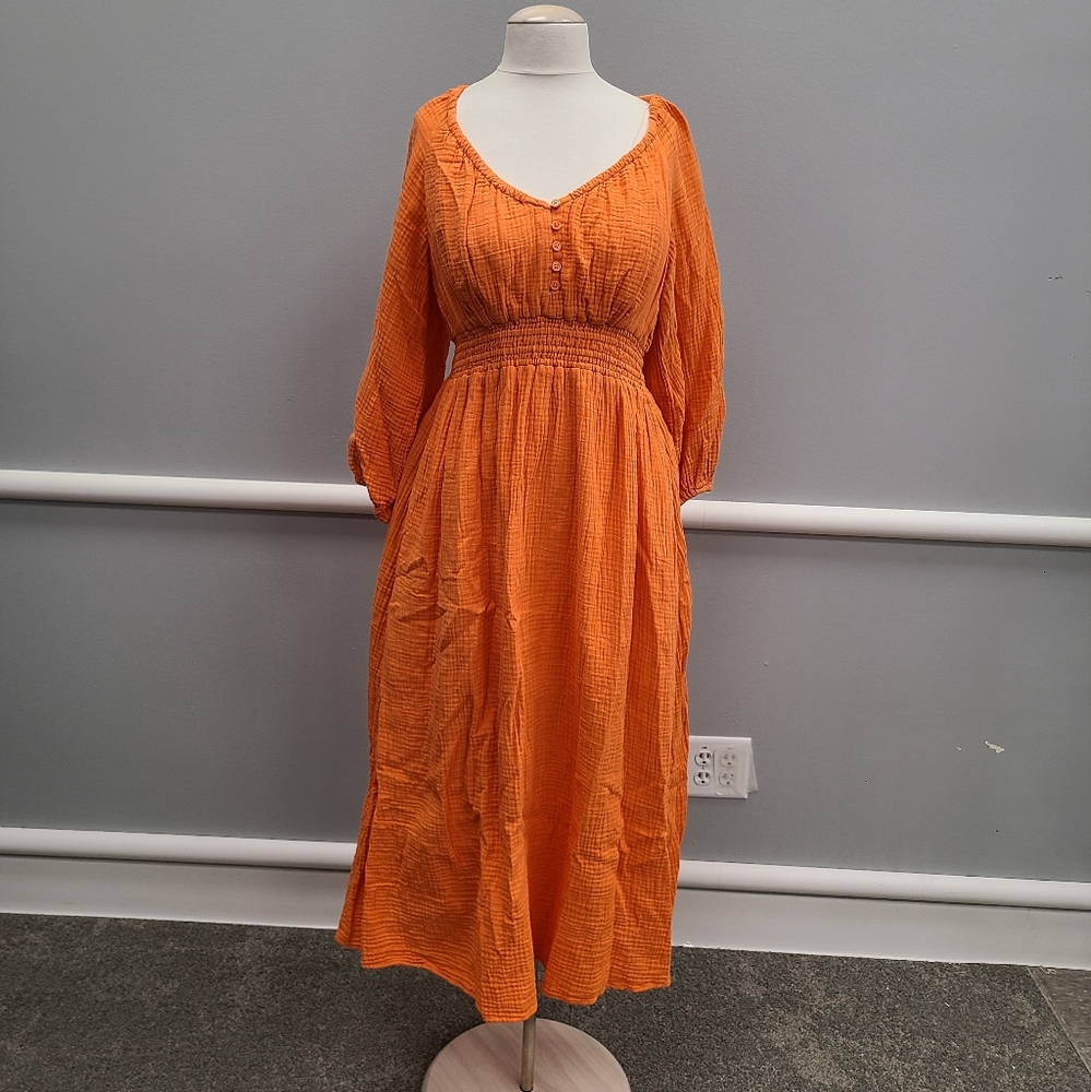 J. Crew Orange Midi V Neck Gauze Dress Fire Lilly